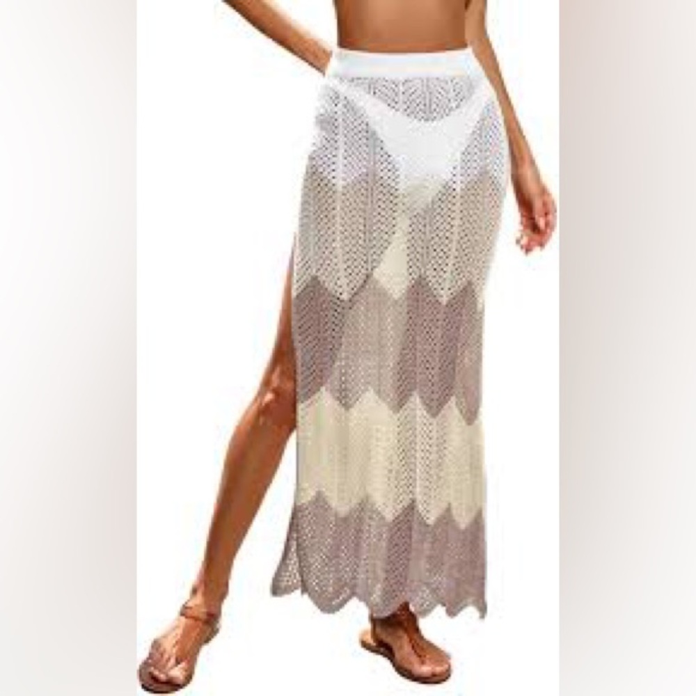 Crochet Knit Swim Cover-up Maxi Skirt - Ivory, Cream & Taupe Small